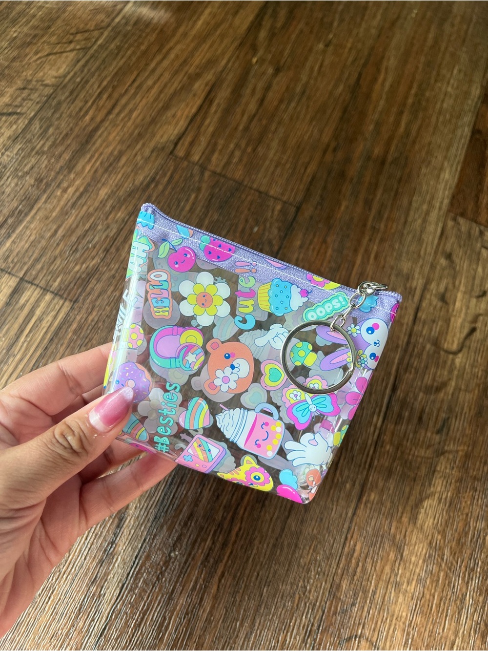 2 Cute Pastel Pink & Purple Sticker-Print Kids Coin Pouch with Keyring